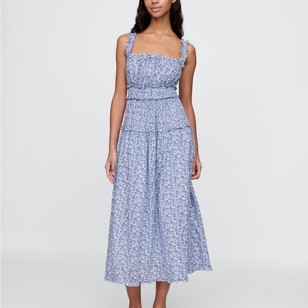 Doen Blue Floral Smocked Midi Dress - Women never worn